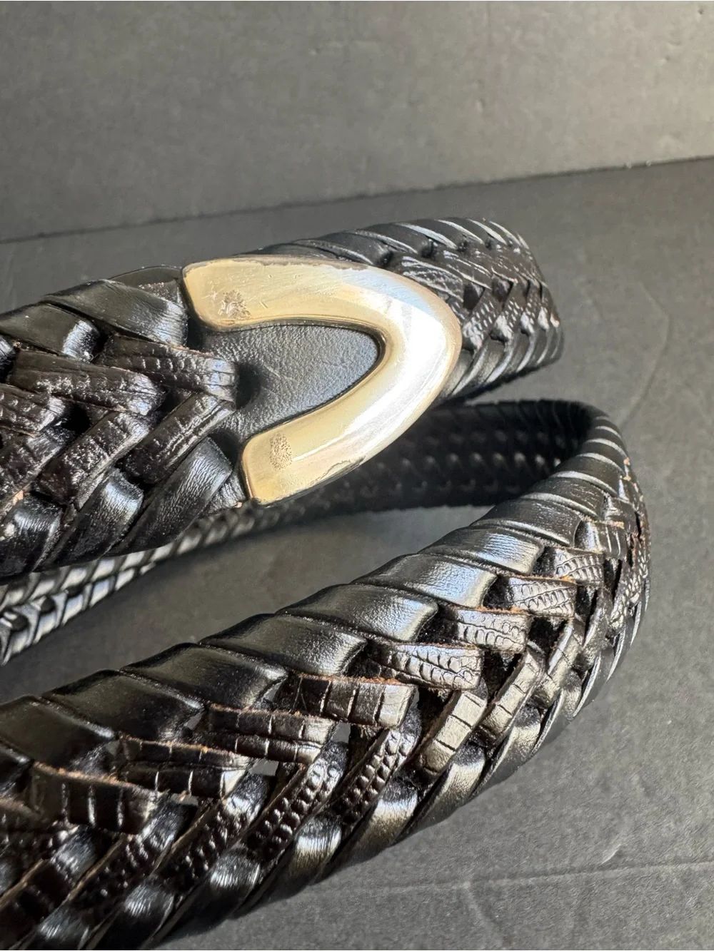 Vintage Black Woven Leather Belt Braided Silver Tone Buckle Unisex Mens 38